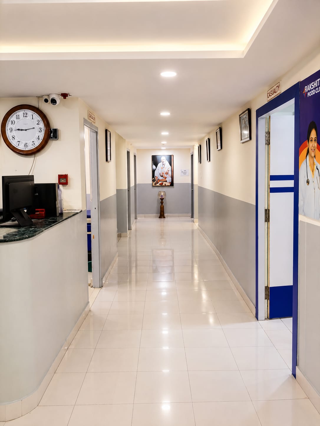 Reception desk and casualty corridor at Rakshitha Hospital