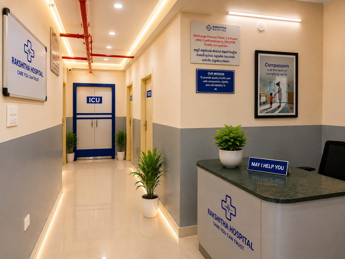 Help desk and corridor leading to the ICU