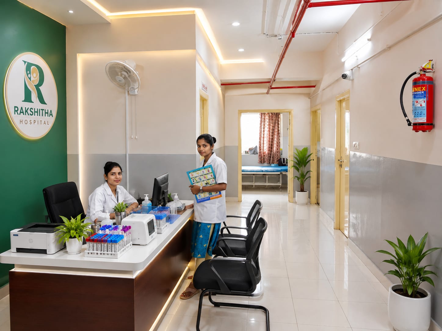 Rakshitha Hospital staff at the laboratory and sample collection desk