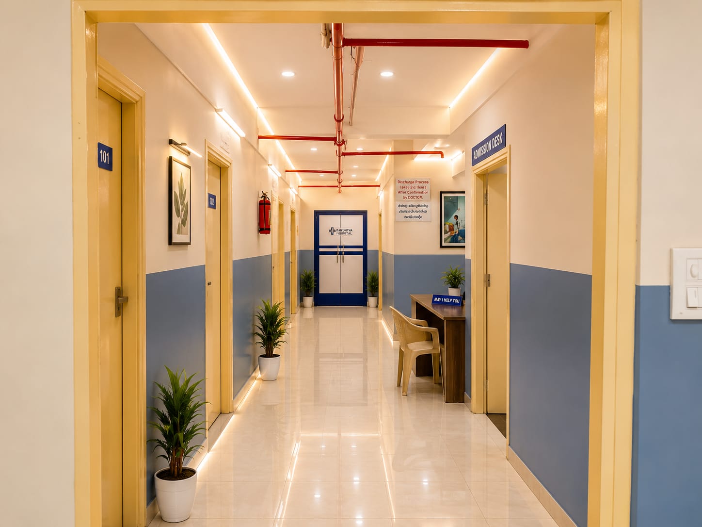 Inpatient room corridor and admission desk at Rakshitha Hospital