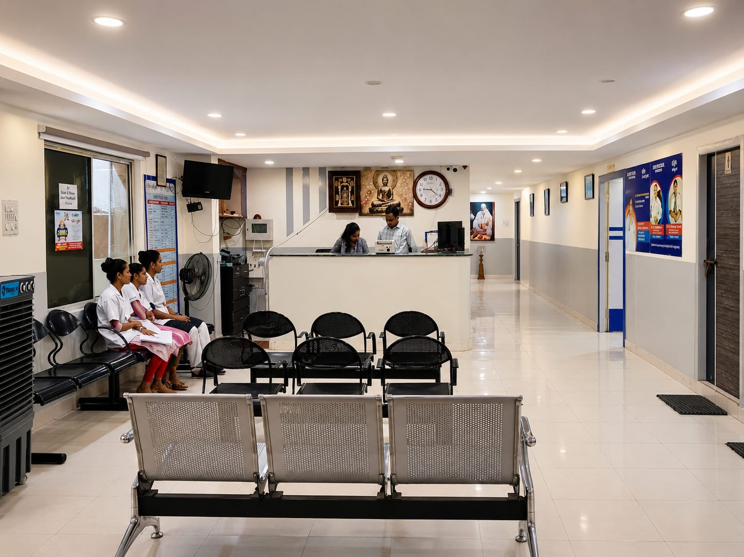 Reception counter and waiting area at Rakshitha Hospital